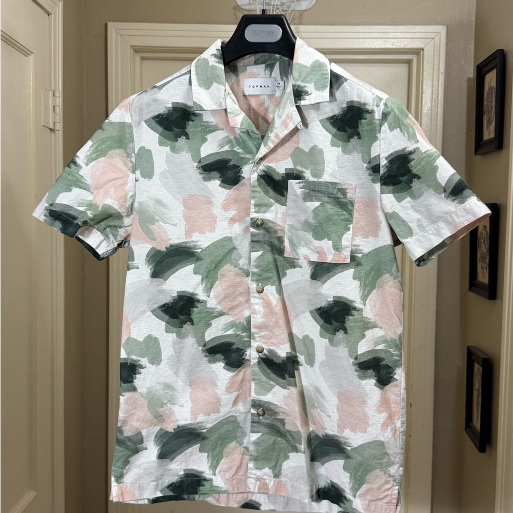 Topman Abstract Green and Pink Casual Shirt
